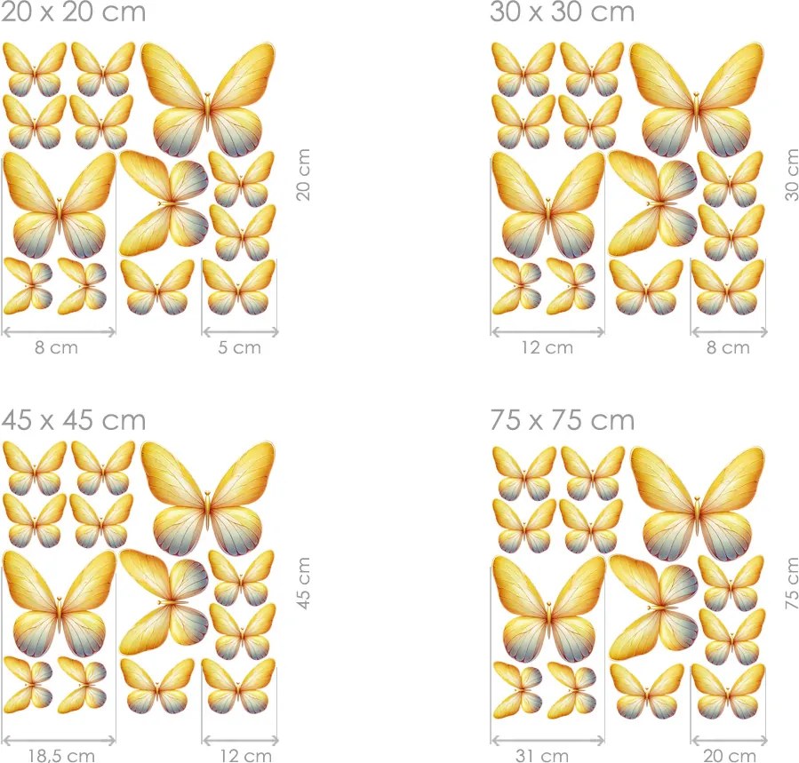 Motýle svetlo žlté 13ks textilní prelepiteľné nálepky na stenu list 20 × 20 cm
