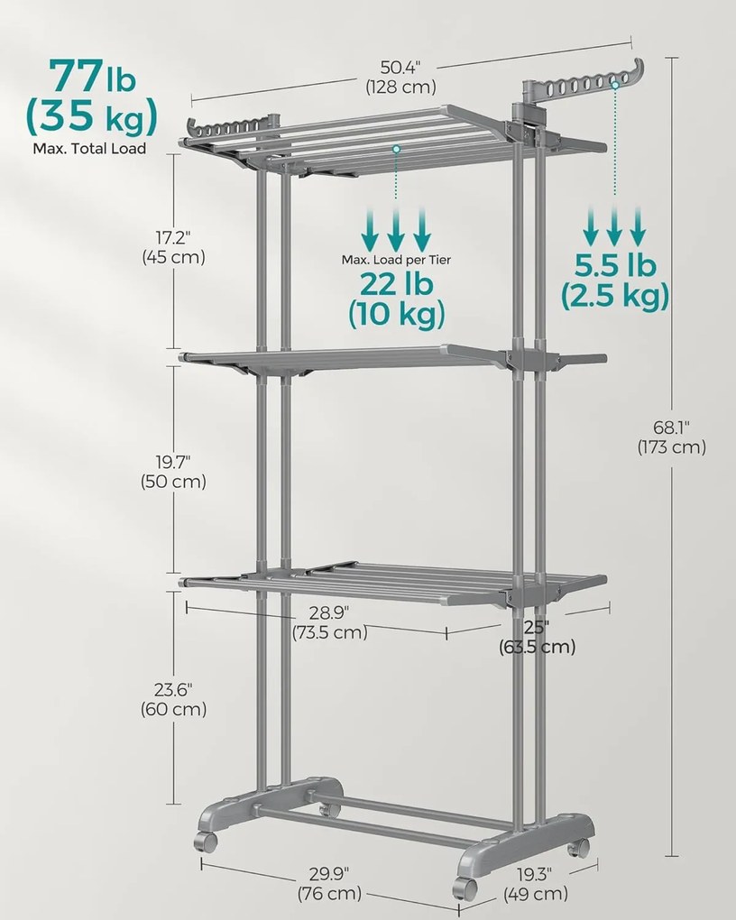 Skladací 4-poschodový sušiak na prádlo, mobilný, 64 x 126 x 172 cm, nerezová oceľ, so sklápacími krídlami, šedý