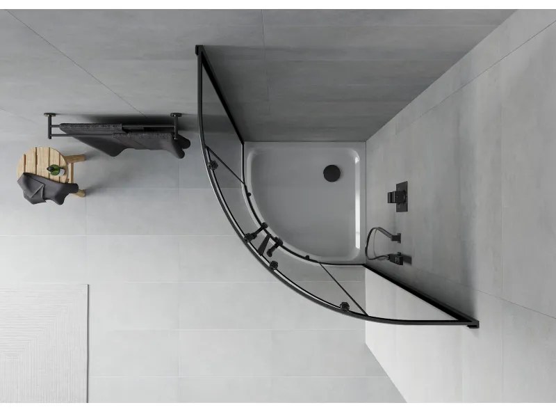 Mexen Rio, štvrťkruhový sprchovací kút s posuvnými dverami 90(dvere) x 90(dvere) x 190 cm, 6mm šedé sklo, čierny profil + biela sprchová vanička Slim, 863-090-090-70-40-4110B