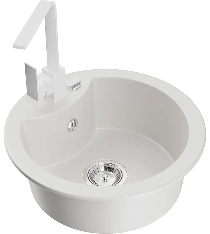 Mexen Diego, 1-komorový granitový drez 488x488x167 mm, chrómový sifón, biela matná batéria Rita, biela, 6512-20-670300-20