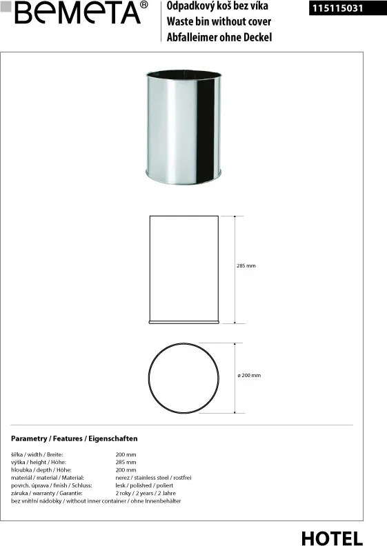 Bemeta Design Odpadkový kôš, 9 l, nerez, lesk - 115115031