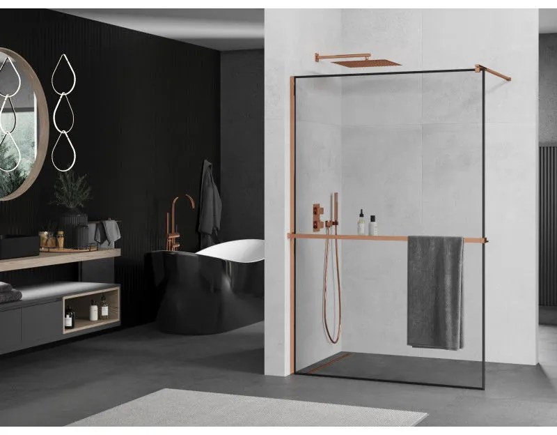 Mexen Kioto, sprchová zástena s poličkou a držiakom na uteráky 100 x 200 cm, 8mm číre sklo s čiernym rámom, profil ružové zlato, 800-100-121-60-70