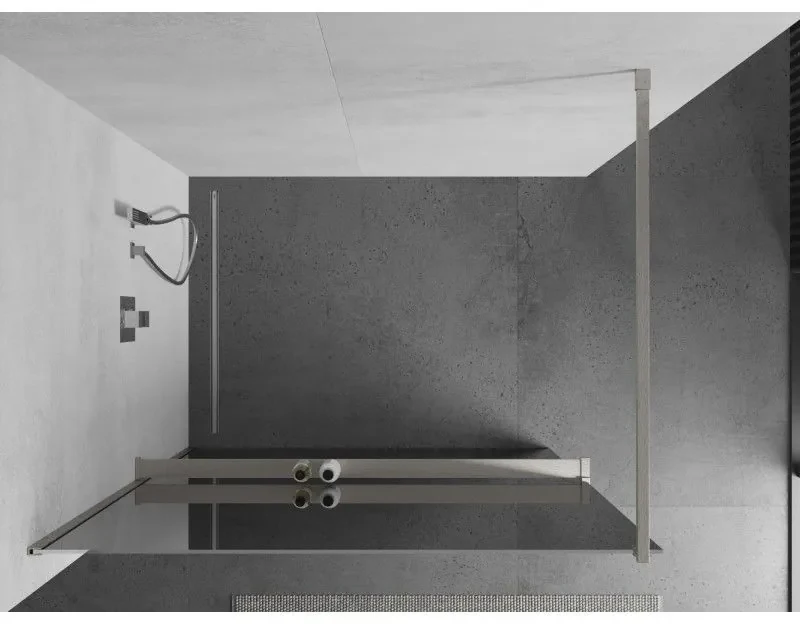 Mexen Kioto+, sprchová zástena Walk-In s poličkou a vešiakom 100 x 200 cm, 8mm sklo vzor zrkadlo, brúsená oceľ profil, 800-100-121-97-50