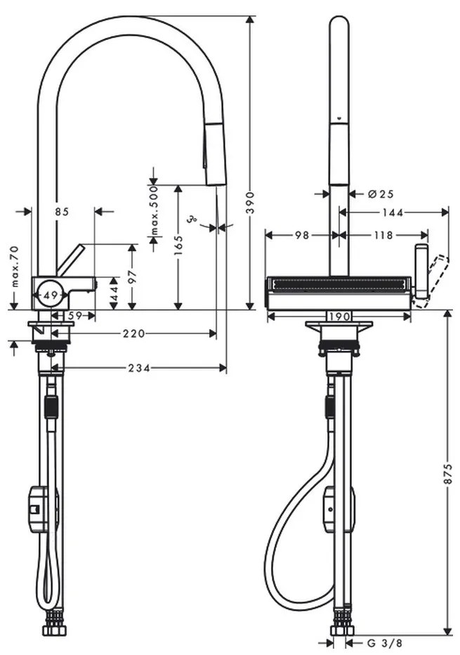Hansgrohe M81, drezová batéria Aquno Select s výsuvnou koncovkou a plochým sprchovým prúdom, vzhľad nerezový, HAN-73837800
