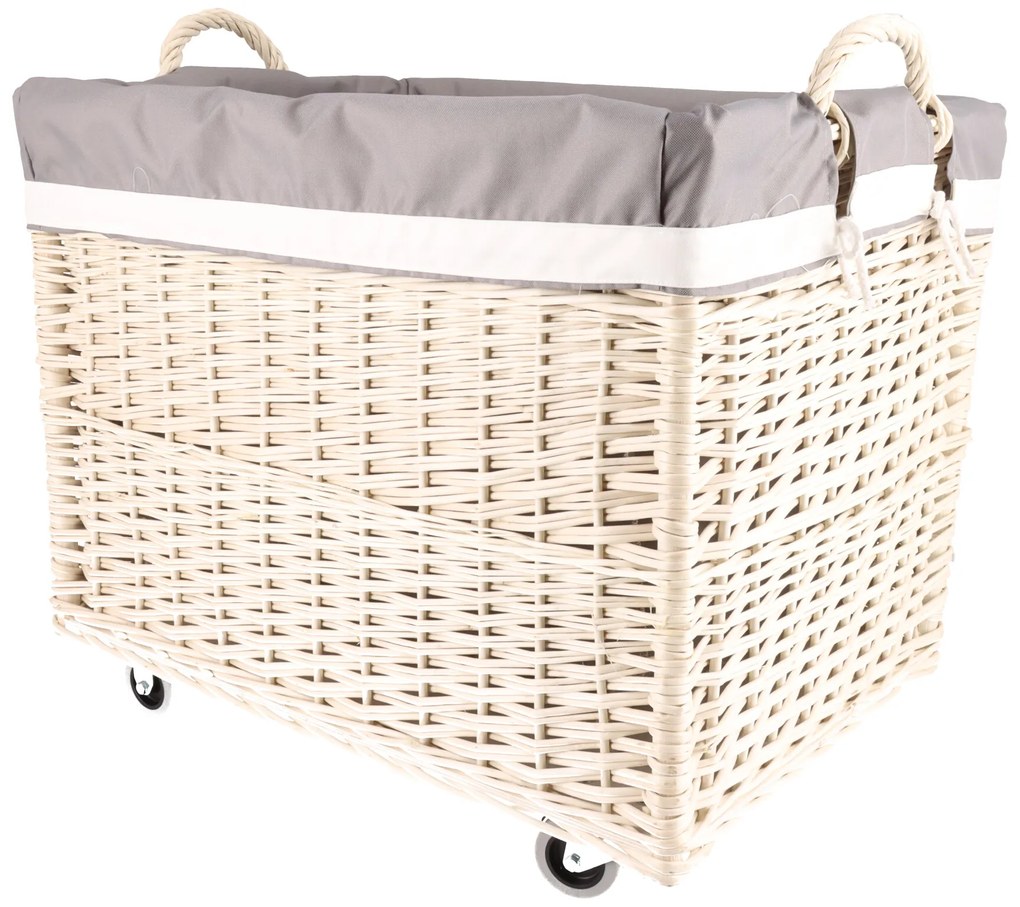 ČistéDrevo Biely prútený kôš na drevo obšitý - na kolieskach