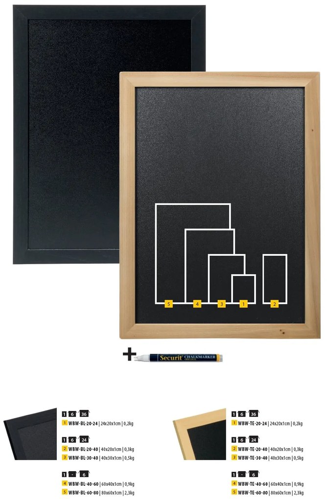 Tabula Securit WOODY nástenná na popis kriedou 60x80cm, Black + popisovač