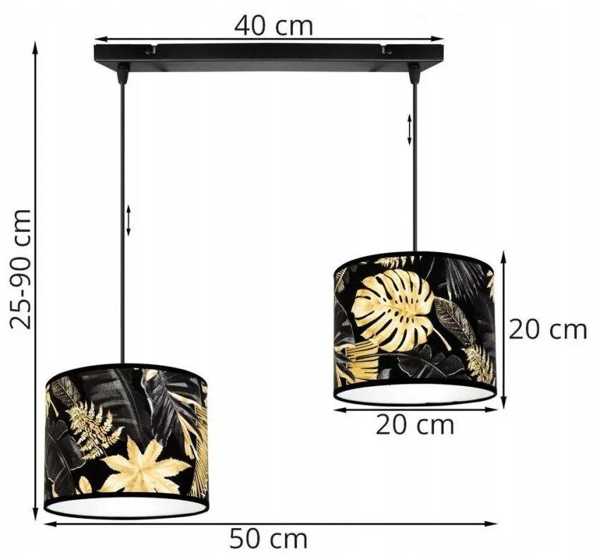 Závesné svietidlo Gold Flowers, 2x čierne textilné tienidlo s kvetinovým vzorom