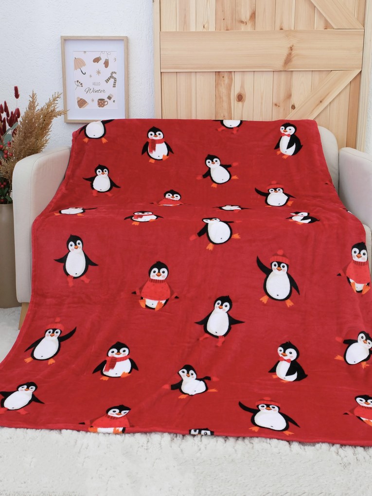 Deka mikroplyš Exclusive 150 × 200 cm – Tučniaky červené