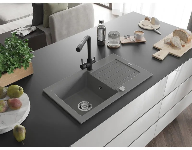 Mexen Pablo, granitový drez 752x436x161 mm, 1-komorový a čierna batéria Duero, šedá, 6510-71-671600-70