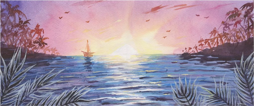 Obrázok - Západ slnka nad vodou, aquarel (120x50 cm)