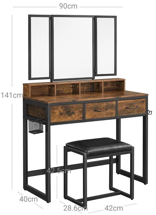 Vasagle Toaletný stolík s taburetkou z eko kože PIERRE, 90x40x141cm, hnedá/čierna