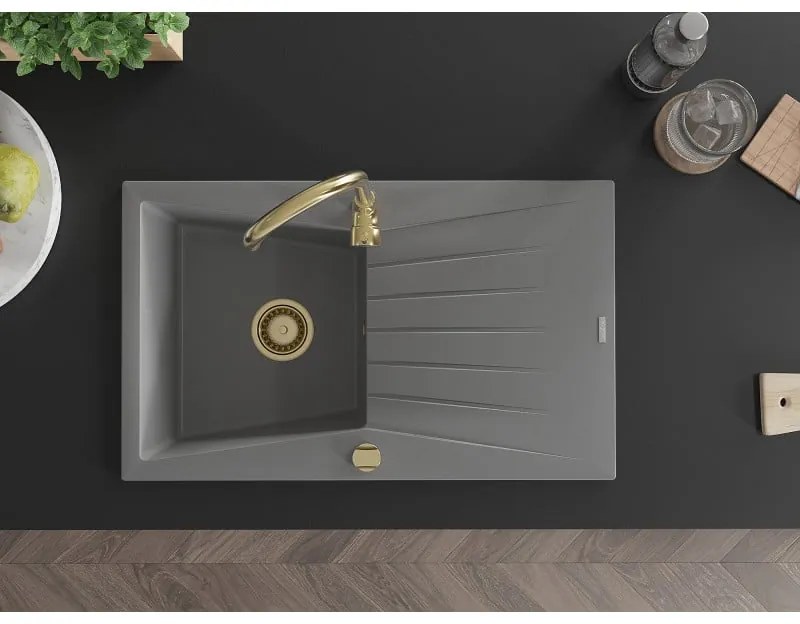 Mexen Cesar, granitový drez 775x470x190 mm, 1-komorový, šedá so zlatým sifónom, 6514771010-71-G
