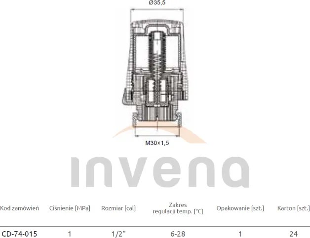 Invena Mini 2 PROV, termostatická hlavica na vykurovacie teleso M30×1,5, biela, INV-CD-74-015-X