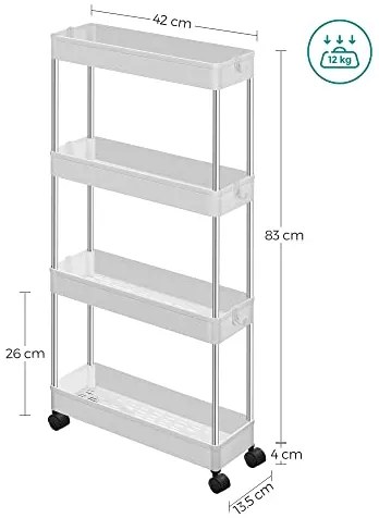 Kuchynský vozík so 4 priehradkami, biely, 86x40x13,5cm