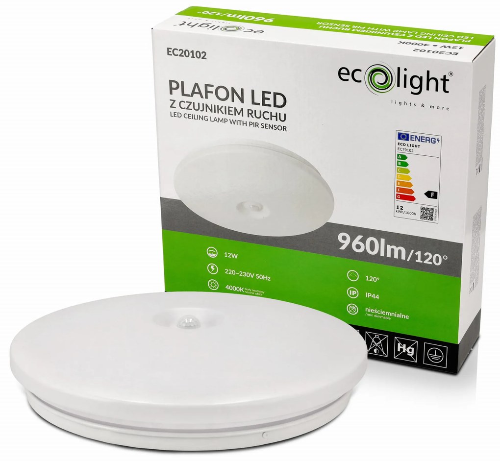 ECOLIGHT LED stropné svietidlo PIR - 12W - IP44 - neutrálna biela - senzor pohybu