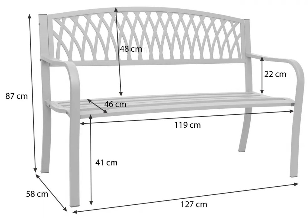 Záhradná lavička F45 2-miestna ~ práškovaná oceľ, 127 cm - Čierna