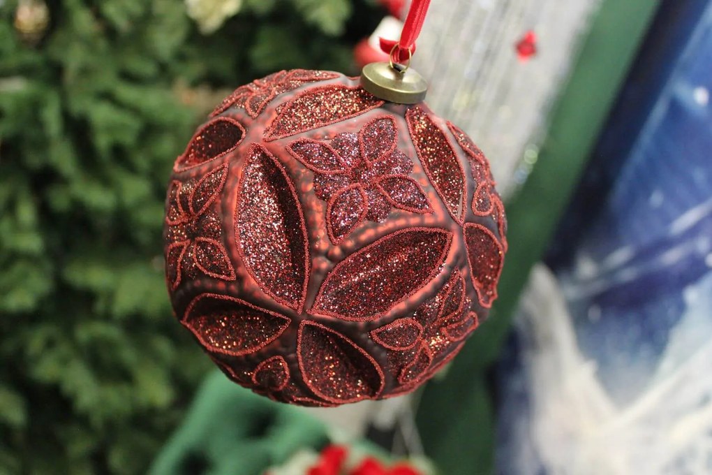 Červená vzorovaná vianočná guľa s glitrom 15cm