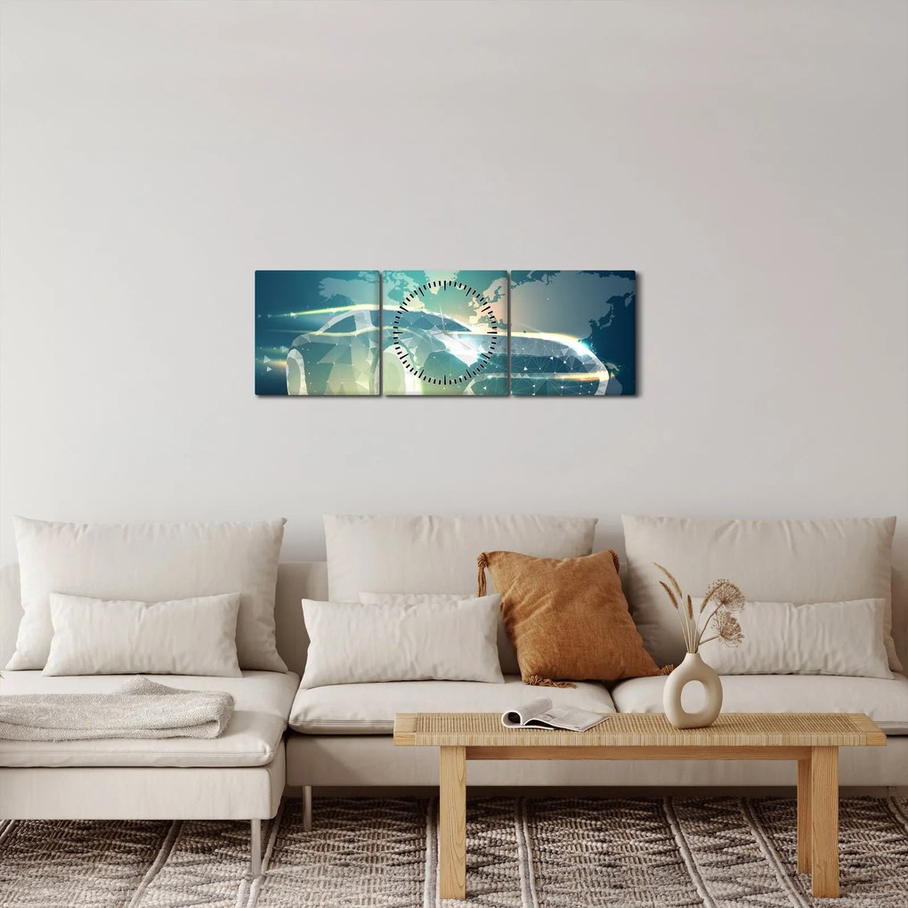 Obraz auta z geometrických tvarov (s hodinami) (90x30 cm)