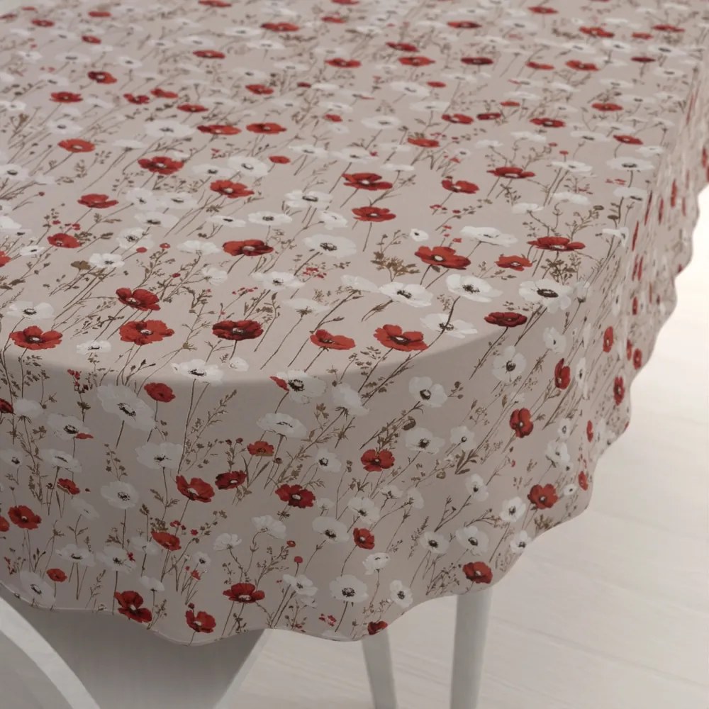 Biante Bavlnený oválny obrus Sandra SA-631 Červeno-biele vlčie maky na sivobéžovom 50x100 cm