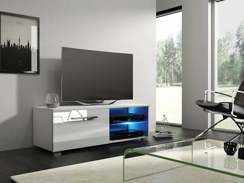 TV stolík Perenil 2 100, Osvetlenie: osvetlenie LED biele, Farba: Biela + Lesk biely Mirjan24 5903211122248