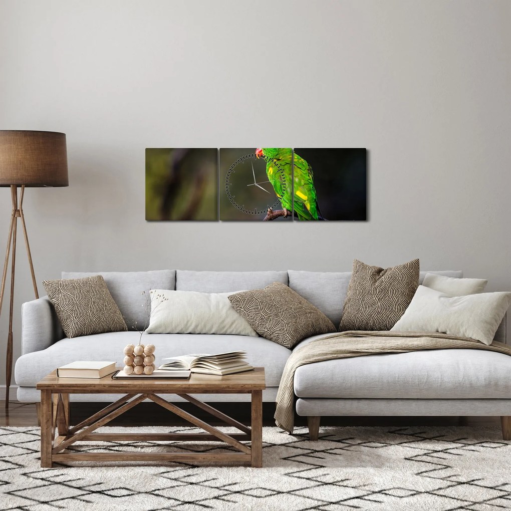 Obraz papagája na vetve (s hodinami) (90x30 cm)