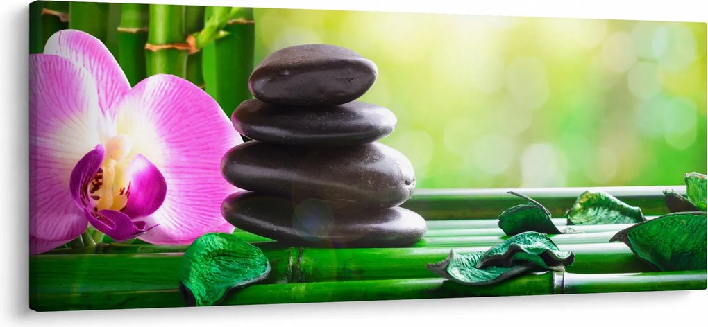 Obraz masážnych kameňov a orchidey na vode (120x50 cm)
