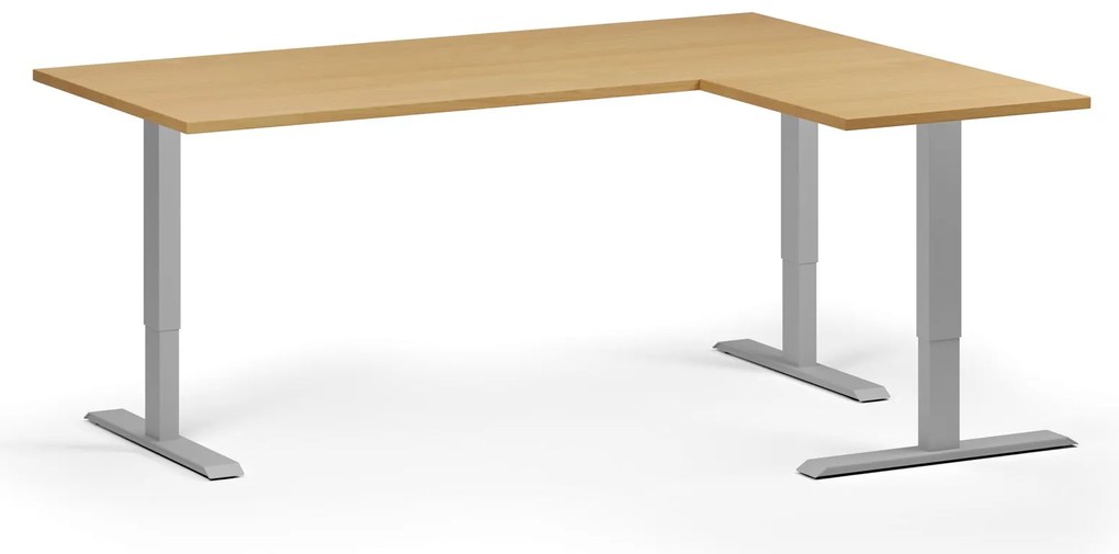 Výškovo nastaviteľný stôl, 180x140 cm, 3 motory, L/P, sivá podnož, buk
