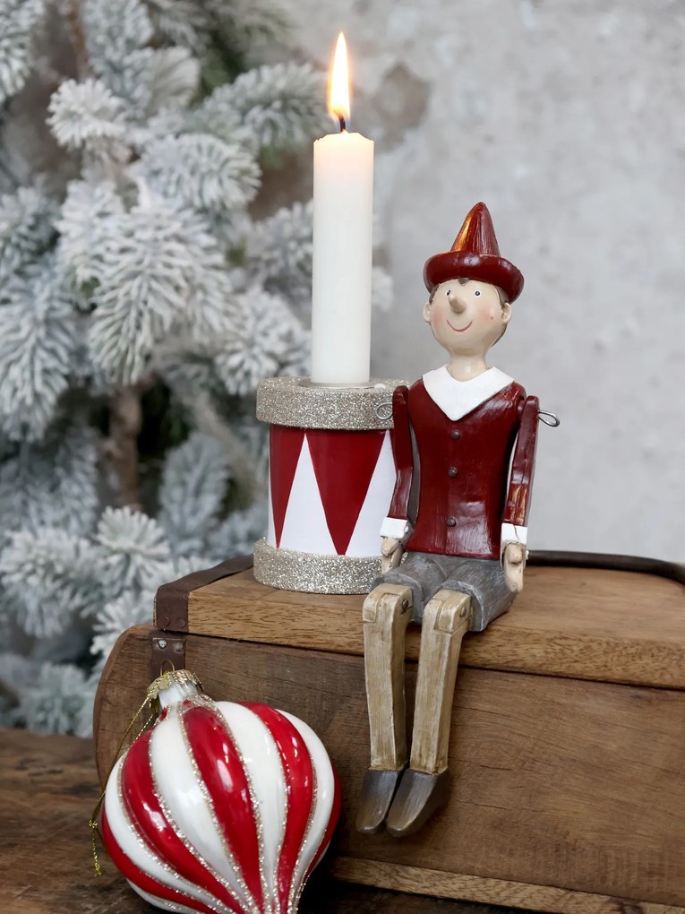 Červeno-biely antik drevený svietnik s glitrami - 6*7cm