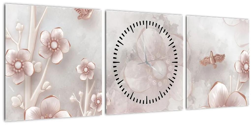 Obraz - Ružové kvety (s hodinami) (90x30 cm)