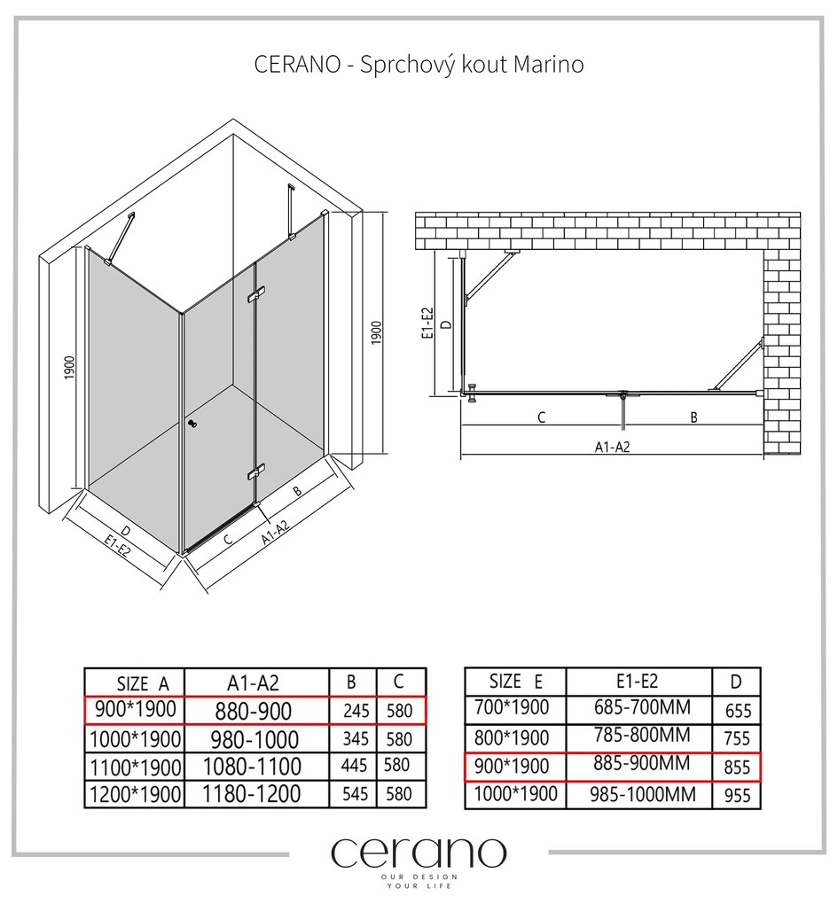 Cerano Marino, sprchovací kút 90(dvere) x 90(stena) x 190 cm, 6mm číre sklo, chrómový profil, CER-CER-422766