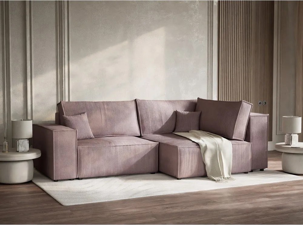 Fialová menčestrová rozkladacia/s úložným priestorom rohová pohovka (pravý roh/do L) Tonga – Maison de Rêve