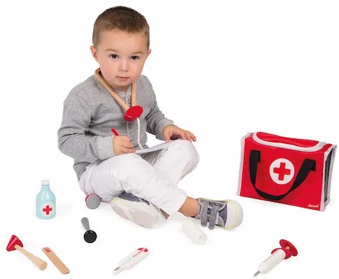 Drevený lekársky kufrík pre deti - Doktor s 10 doplnkami