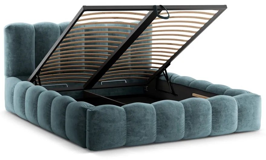 Modrá čalúnená dvojlôžková posteľ s úložným priestorom a roštom 200x200 cm Lupine – Micadoni Home