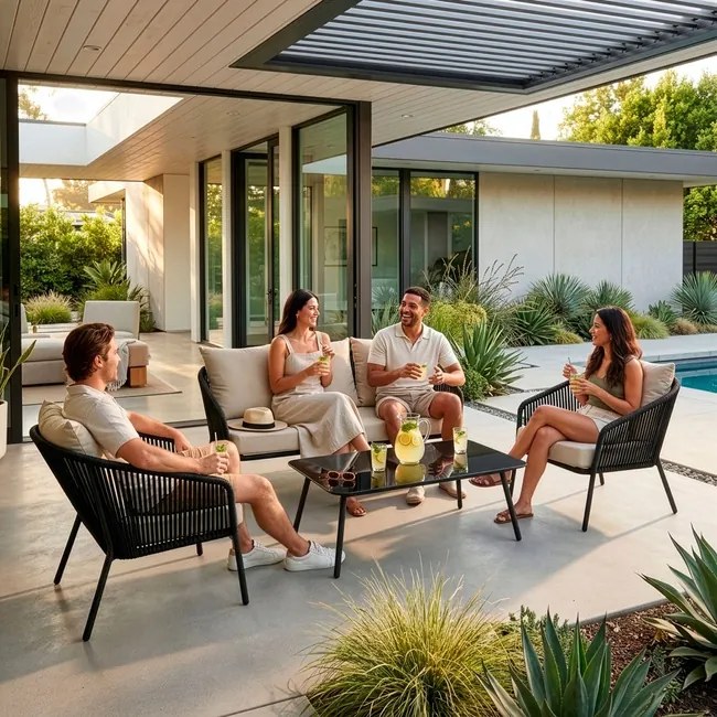 Záhradný nábytok na terasu – pohovka, kreslá a stolík Springos GF0116 čierno-béžová súprava