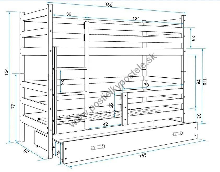 Poschodová posteľ ERIK 2 - 160x80cm - Biela - Ružová