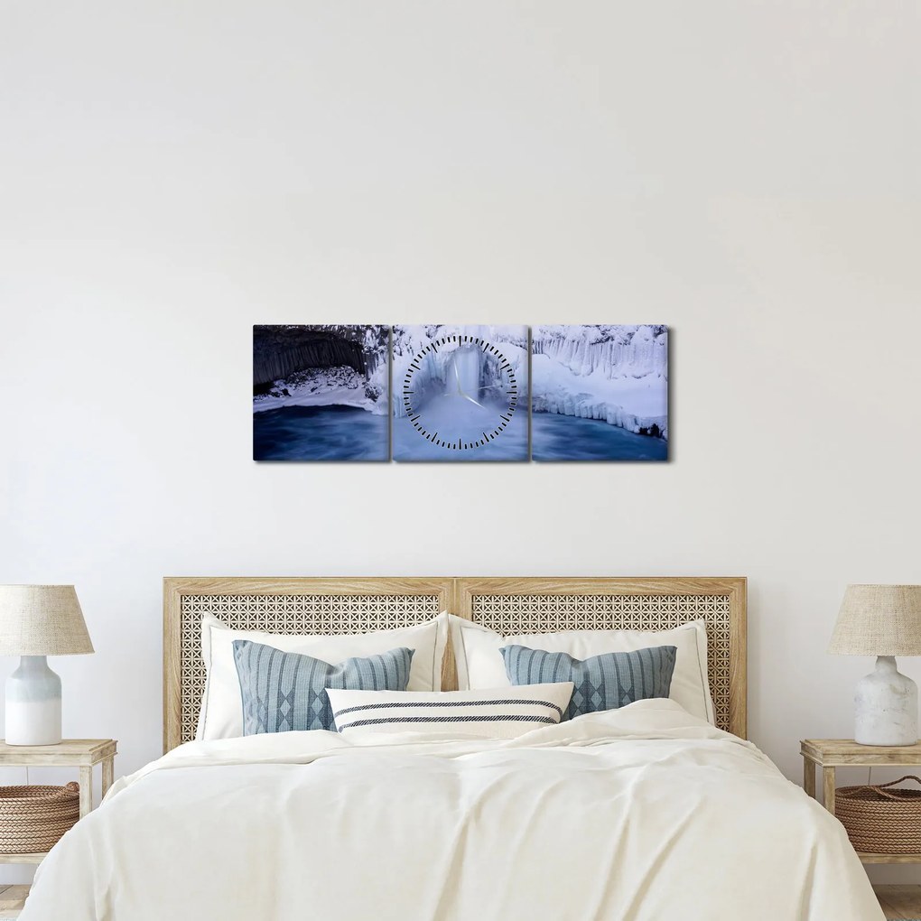 Obraz vodopádu v zime (s hodinami) (90x30 cm)