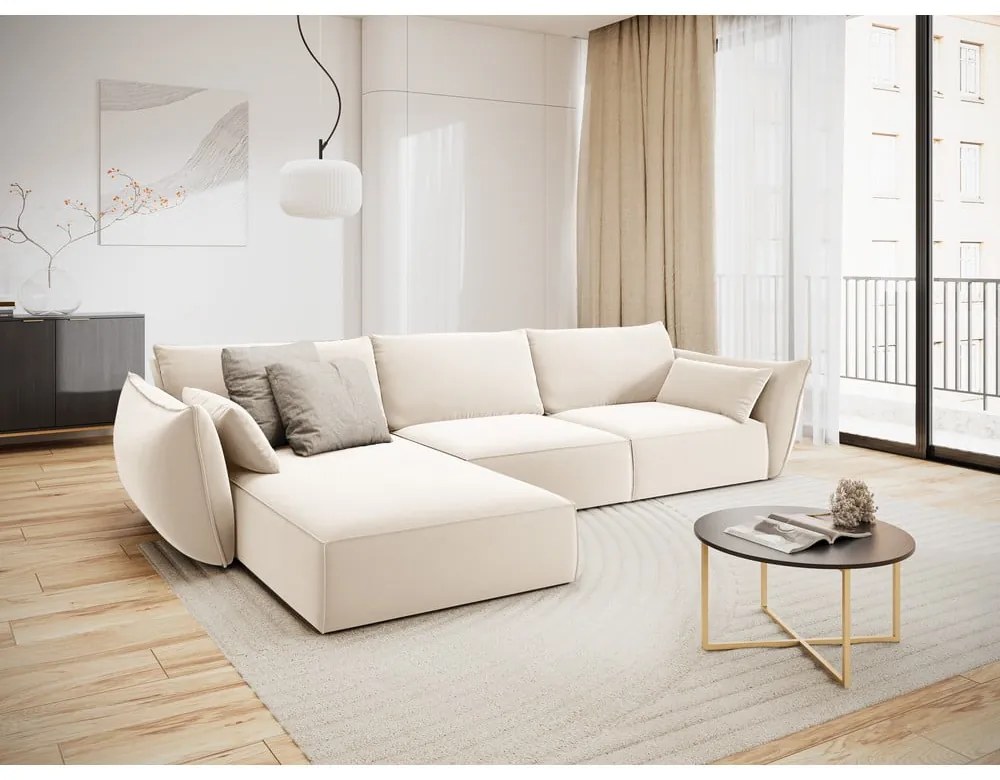Béžová zamatová rohová pohovka (ľavý roh/s leňoškou) Vanda – Mazzini Sofas