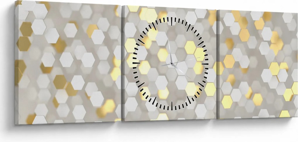 Obraz - Zlato-biele hexagóny (s hodinami) (90x30 cm)
