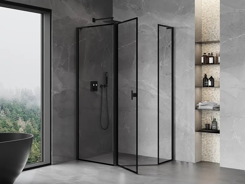 Mexen Mist L, päťuholníkový sprchový kút s krídlovými dverami, 100 x 80 cm, 8mm číre sklo, čierny profil, 8A8L-100-080-70-70-L