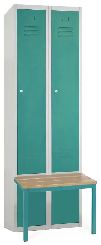 Kovová šatníková skrinka s lavičkou, 60 x 85 x 185 cm, sokel, cylindrický zámok, zelená - ral 6033