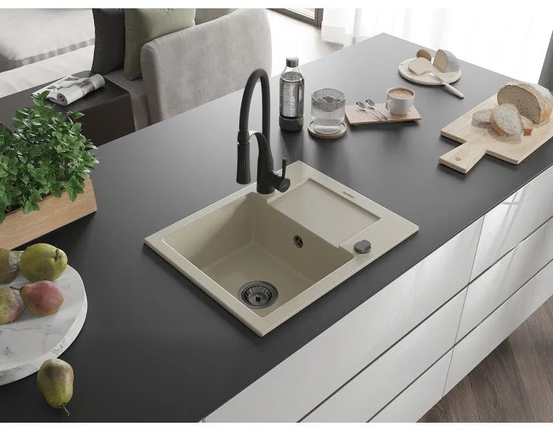 Mexen Enzo, 1-komorový granitový drez 576x465x174 mm a drezová batéria Aster, béžová, 6506-69-73450-70-B
