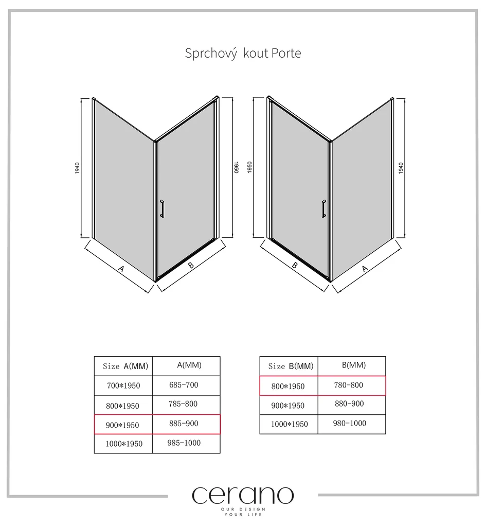 CERANO - Sprchovací kút Porte Ľ/P - 8 mm - čierna matná, grafitové sklo - 80x90 cm - krídlový, CER-CER-8050BD7491