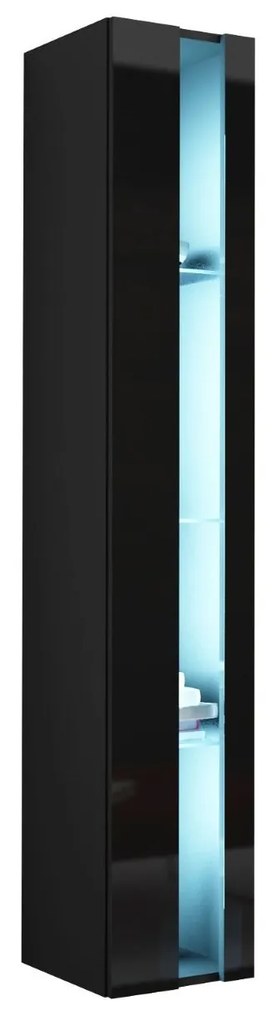 Vitrína 180 Zigo New, Osvetlenie: osvetlenie LED biele, Farby: čierny / čierny lesk