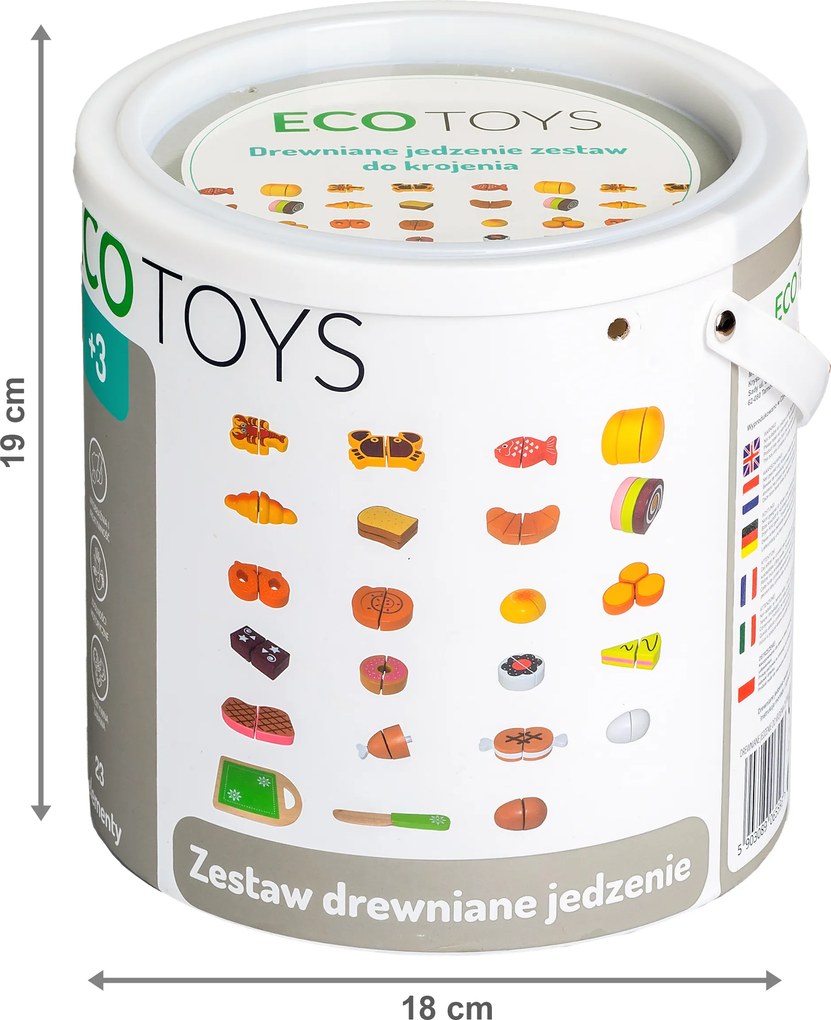 ECOTOYS Drevené jedlo na krájanie 23 ks – set potravín s doskou a nožom, pre deti 3+