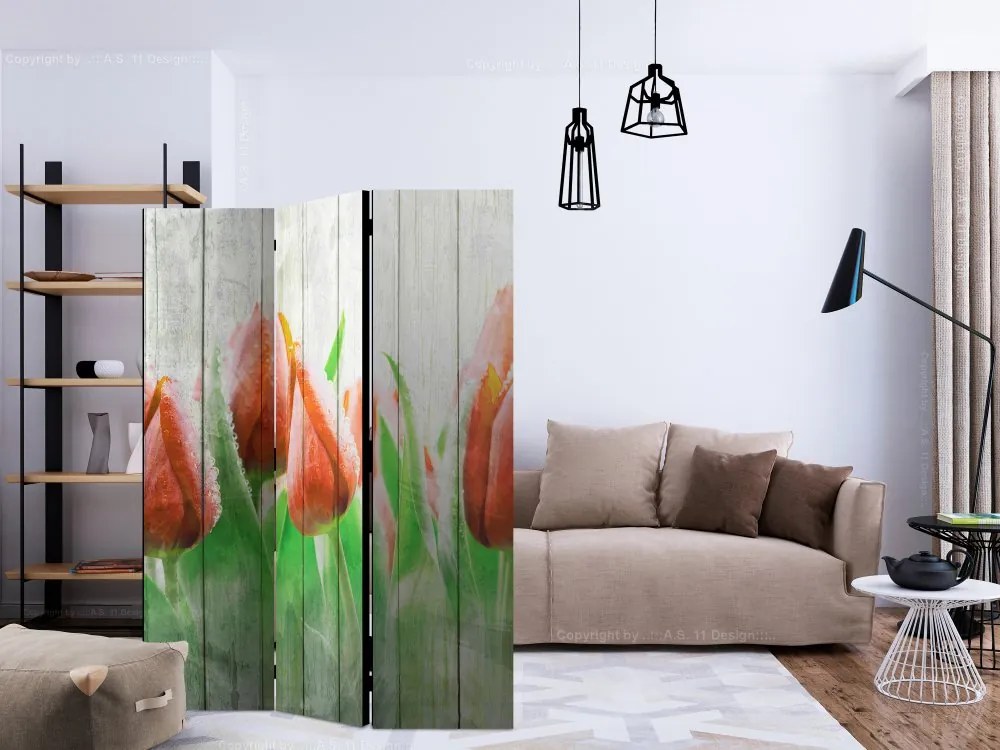 Artgeist Paraván - Red tulips on wood [Room Dividers]