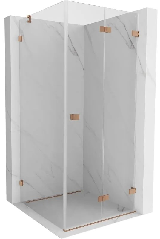 Mexen Lunar-F, 1-krídlový sprchový kút so skladacími dverami, pravý, 90 x 90 cm, 8mm číre sklo, medený profil, 836-090-090-65-00-P