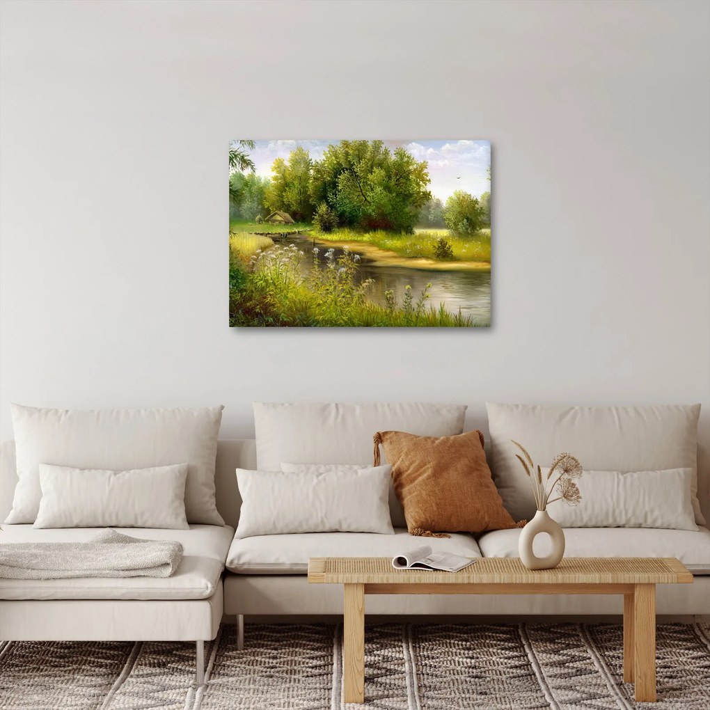 Obraz - Rieka pri lese, olejomaľba (70x50 cm)