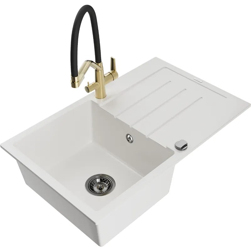 Mexen Bruno, 1-komorový granitový drez 795x495x200 mm a drezová batéria Duo, biela, 6513-20-671701-57-B