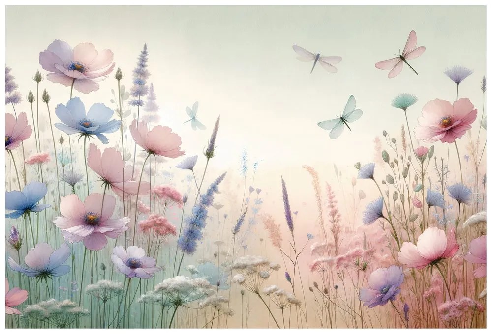 Fototapeta pastelové kvety a vážky