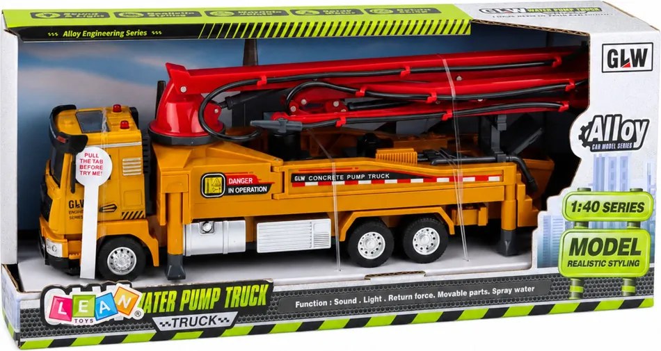 LEAN Toys Nákladné auto s čerpadlom na betón, svetlá, zvuky, voda, mierka 1:40